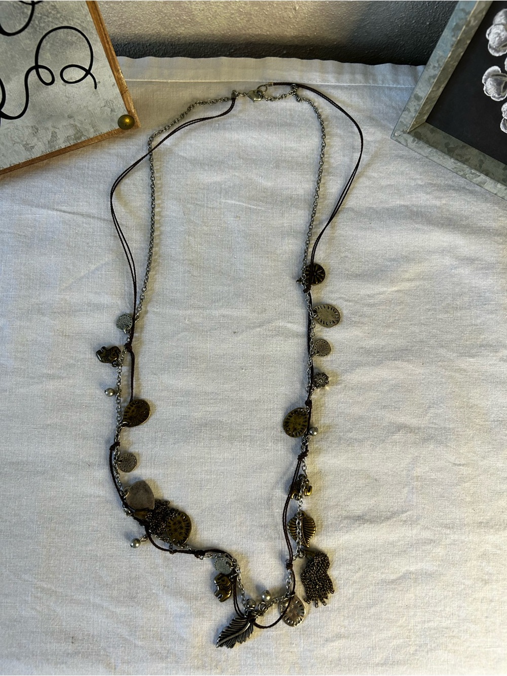 Boho Multi-Charm Leaf & Coin Necklace - Brown